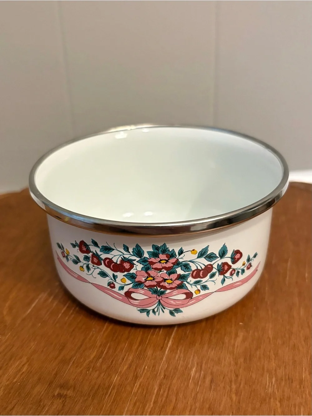 Floral Strawberry Bow Enamel Bowl with Silver Rim